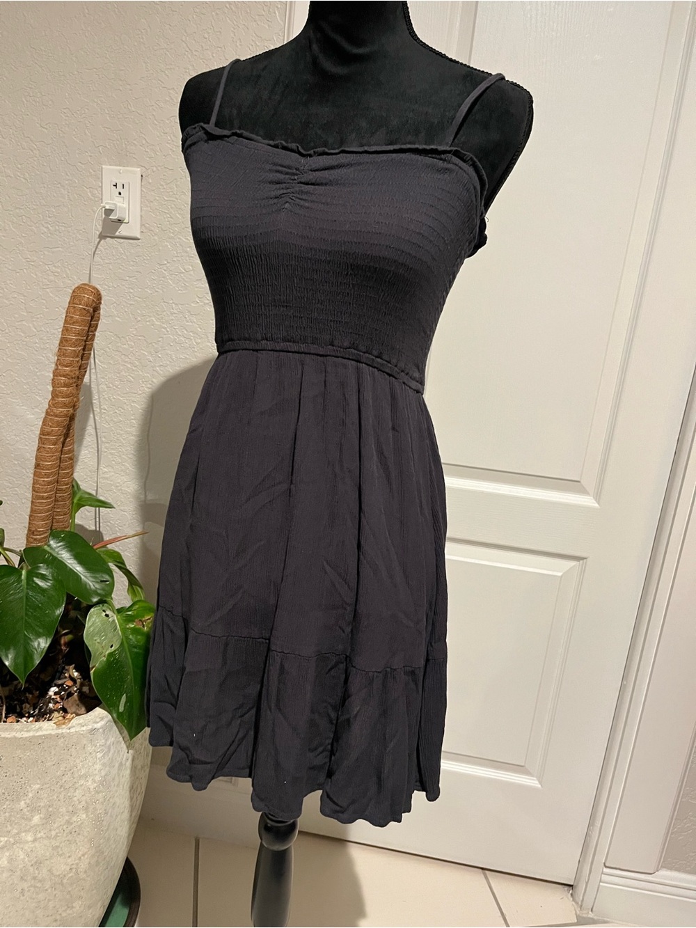 Black Spaghetti-Strap Mini Dress with Smocked Bodice